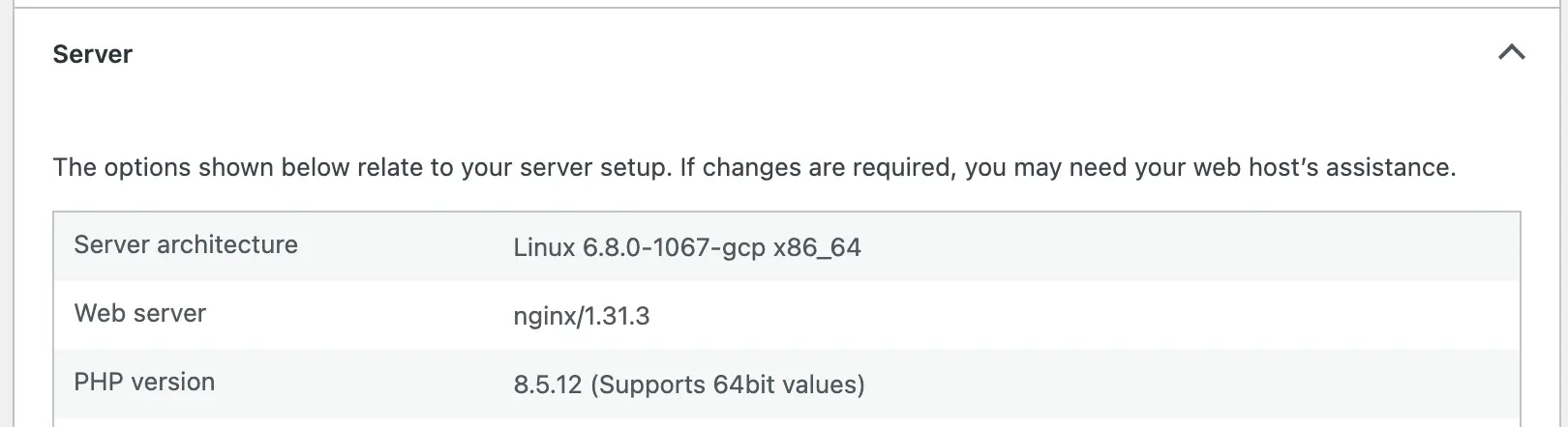 A screenshot of WordPress's Site Health, showing a table with PHP version 8.5.12