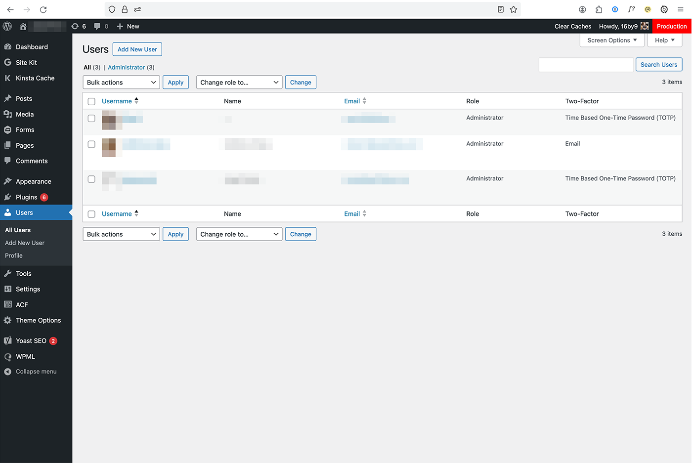 Screenshot of the users screen in WordPress