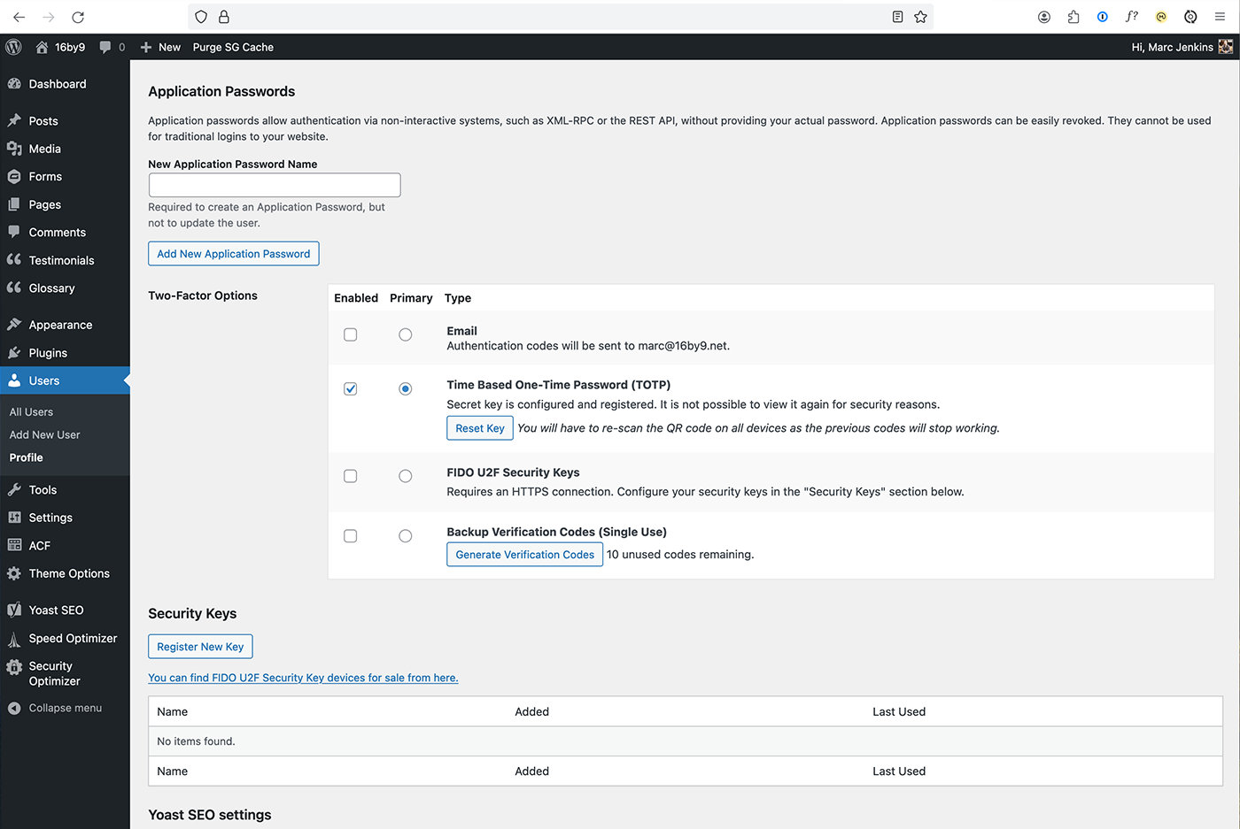 WordPress user profile page show Two-Factor Options